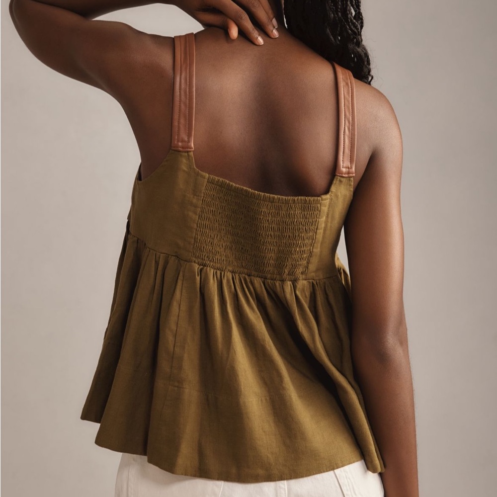 Anthropologie faux leather strap moss linen blend tank S NWT - Picture 3 of 5
